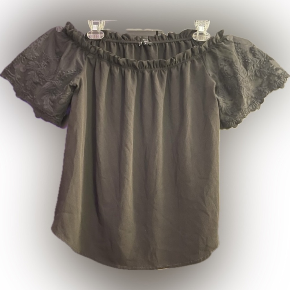 Off the Shoulder Black Top with Sheer Floral Lace Sleeves